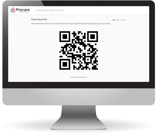 Procare web QR code sign in engagement on computer screen.