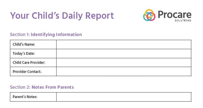 example of a daycare daily reports with fields for name, date, child care provider and parental notes.