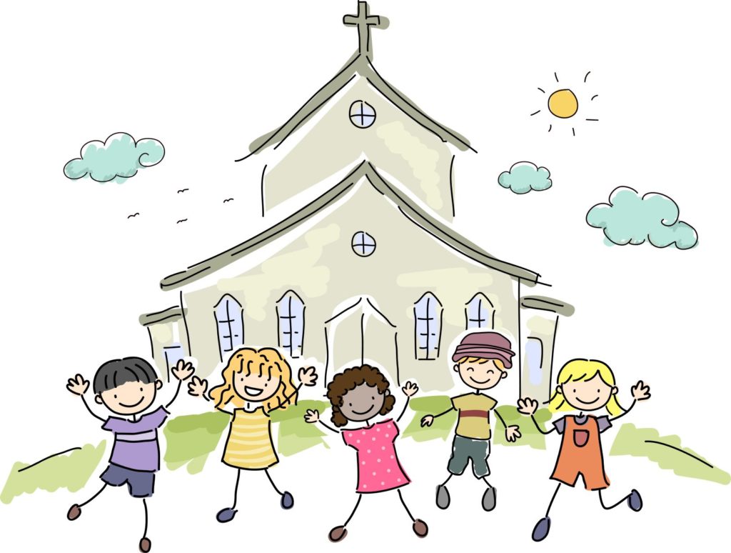 five illustrated children in front of a church on a sunny day