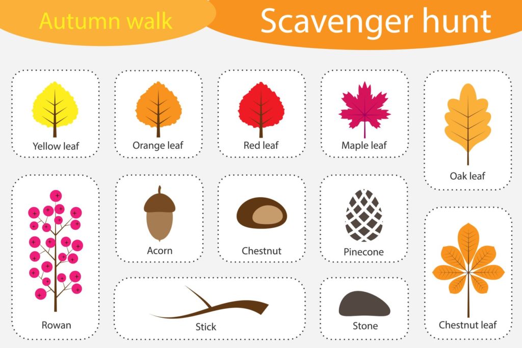 a fall scavenger hunt card with the following items: yellow leaf, orange leaf, red leaf, maple leaf, oak leaf, rowan berries, acorn, chestnut, pinecone, stick, stone, and chestnut leaf. 