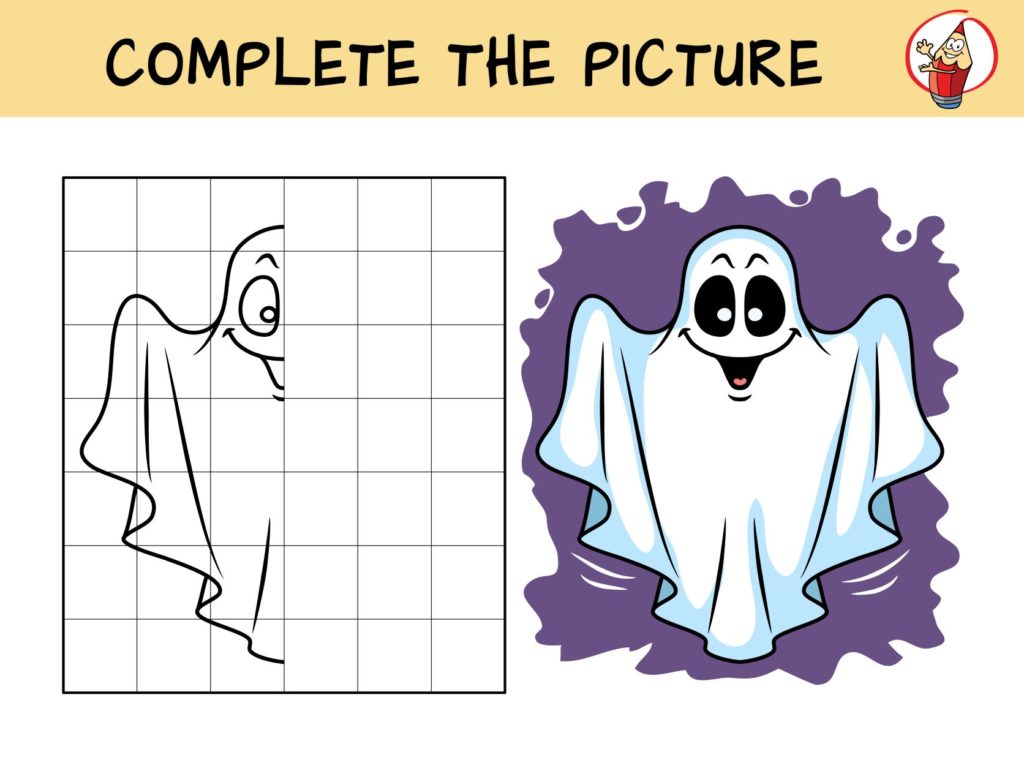 A Halloween craft in which children can finish drawing a picture of a ghost using squares.