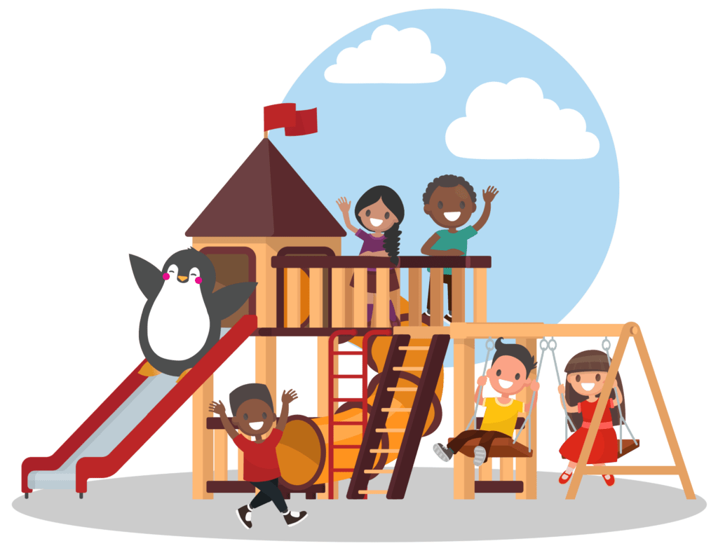 illustration of children and Tucker the penguin playing at a playground