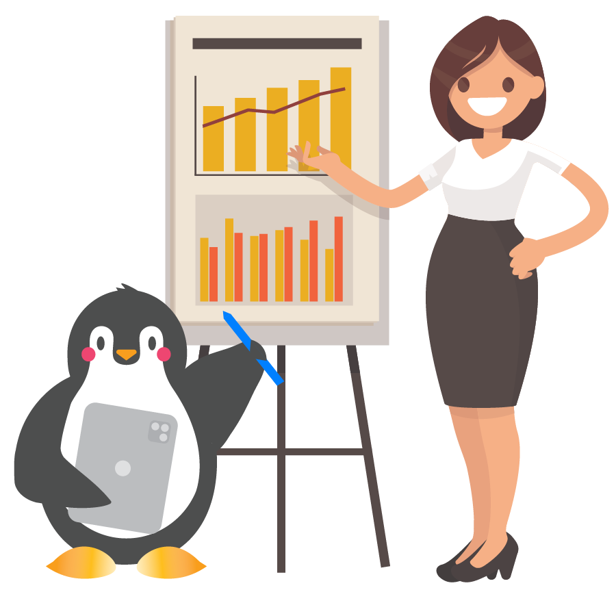 An illustration of Tucker the penguin and a woman presenting a graph