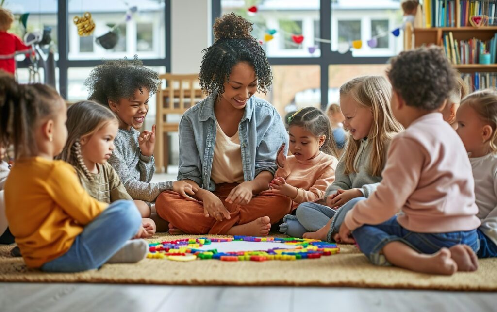 Teachers helps preschool students complete a puzzle.