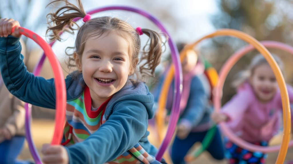 Young girl plays with hula hoop.