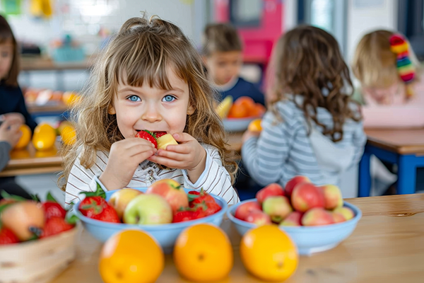 Young girl eats a snack of apples and strawberries.