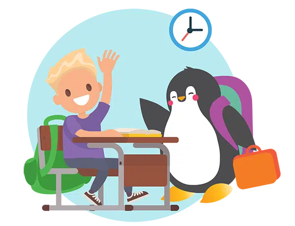 Illustration of a student sitting at a desk next to Tucker the penguin