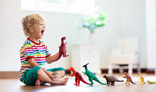 Preschool boy plays with toy dinosaurs.