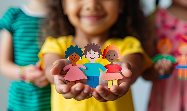 Preschool girl shows diversity craft.