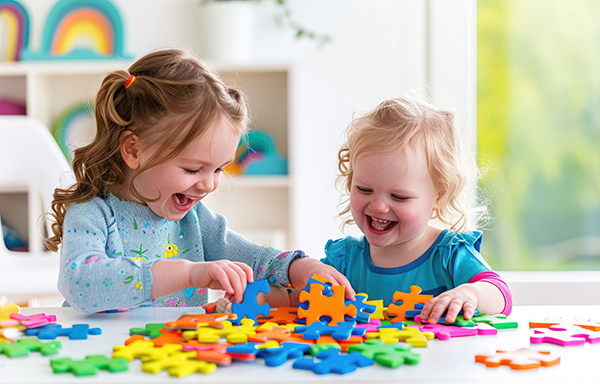 Two young girls work on a puzzle together.