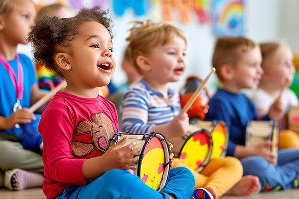 Preschool class plays with musical instruments.