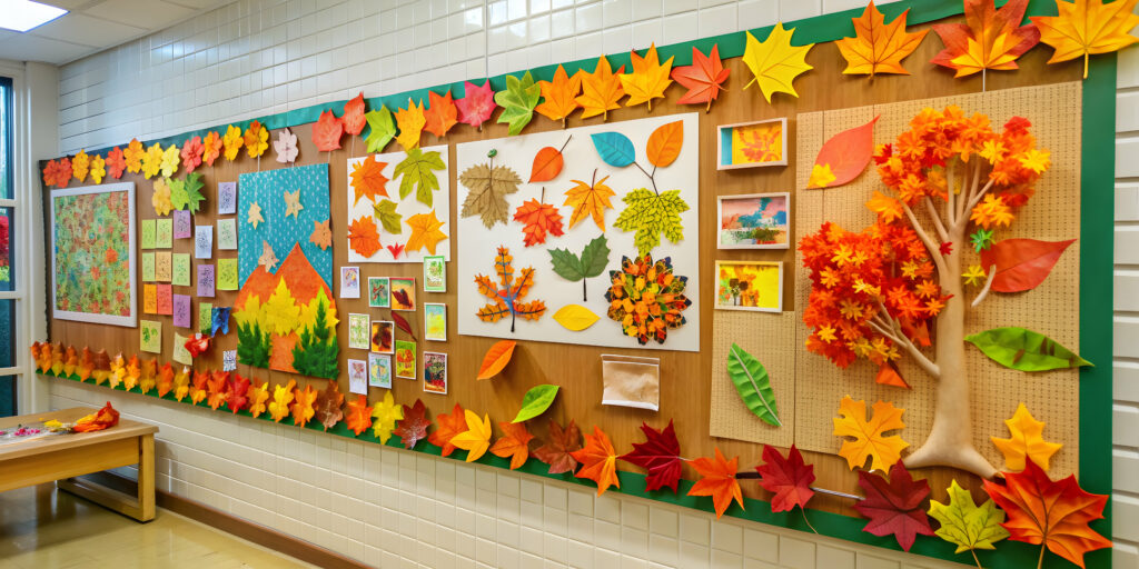 A fall bulletin board in a preschool room shows a tree and autumn leaves.