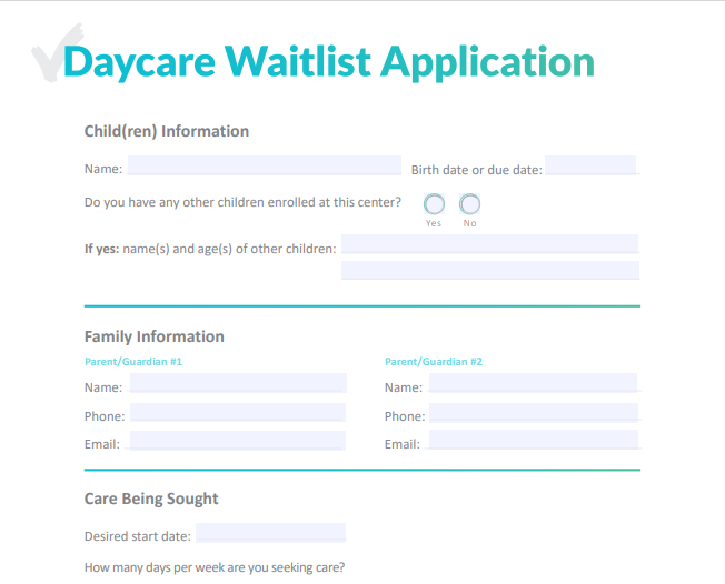 Preview of the daycare waitlist application form