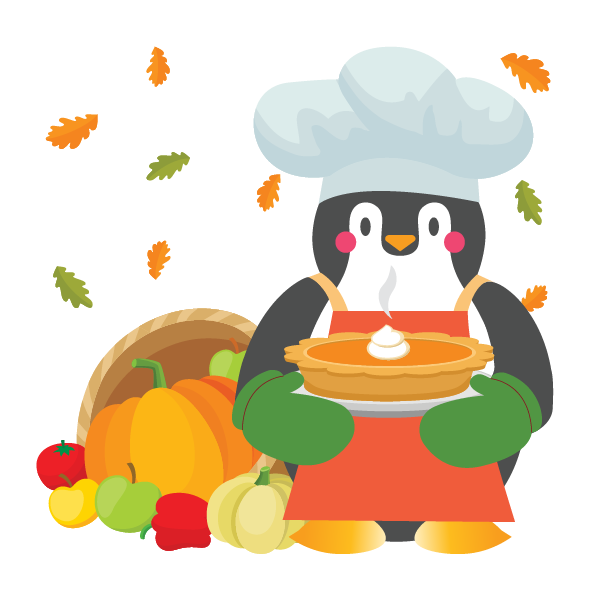 an illustration of Tucker the penguin in a chef hat holding up a fresh pumpkin pie