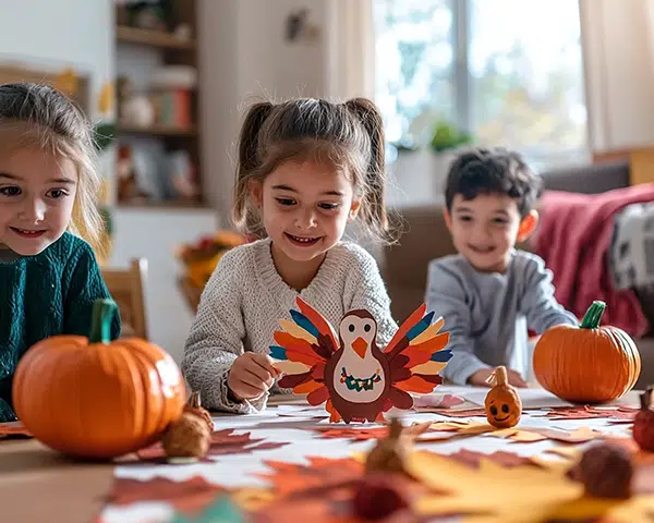 three preschoolers work on thanksgiving themed papercraft